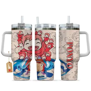 [Sip40 Otaku] Ponyo 40oz Stainless Steel Tumbler With Handle, Sosuke & Ponyo Anime Cup, Insulated Travel Mug for Iced Coffee, Kawaii Ocean Drinkware, Gift for Anime Lovers & Otaku Fans