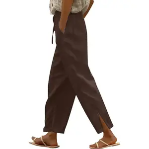 Linen Pants for Women Summer Elastic High Waist Lounge Pant Casual Lightweight Capris Trousers Straight Leg Slacks