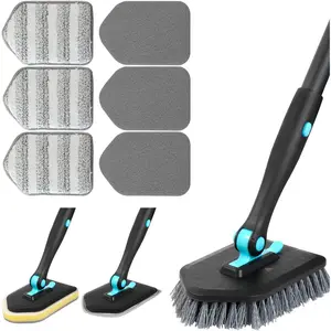 3 in 1 Scrub Cleaning Brush with Long Handle 51'' - Shower Bathtub Tub & Tile Scrubber Brush Include 1 Stiff Brush Head & 3 Scouring Pads & 3 Microfiber Clothes, for Wall Bathroom Glass Bathtub(Black)