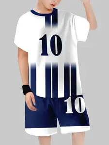 Boys' Blue Colorblock Football Style Sports Short Sleeve Two-Piece Set, Casual Fitted Crop Top, Cartoon Pattern, Youth Fashion