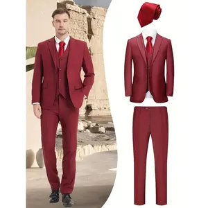 Men’s 4-Piece Elite Business Suit – Classic Jacket, Vest, Pants & Red Tie | Comfortable Fit for Weddings, Meetings & Parties