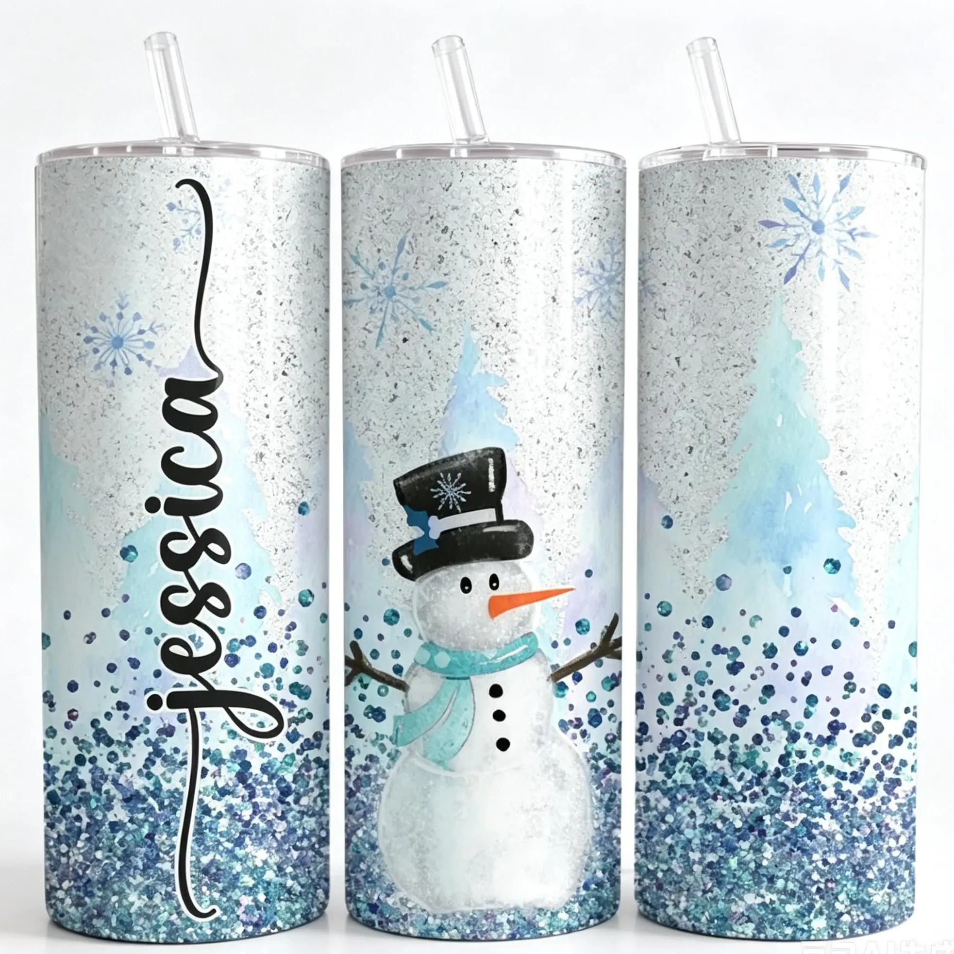 Blue Snowman 20 oz Tumbler with straw | Personalized Christmas Cup With Straw | Cute Snowman Christmas Gifts | Winter Snowman Coffee Tumbler