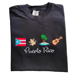Puerto Rico Embroidery Sweatshirt | Puerto Rico Embroidered Icons Flag, Coqui, Palm Tree, and Guitar Cotton Fabric