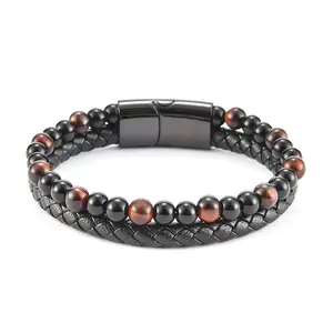 Hand Star Leather Black Onyx Tiger Eye Stackable Tennis Chain Bracelet 6mm Beads 12mm Band Sweat-Resistant Anti-Tarnish Classic Design
