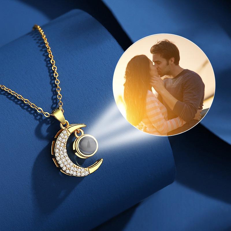 Women's Customizable Copper Crescent Moon Projection Necklace - 036 Gold/Platinum Zircon Pendant, Custom Photo Projector Chain, Korean Look Light Luxury Costume Jewelry, Valentine Gift for Adults (Contact Us for Custom Content)