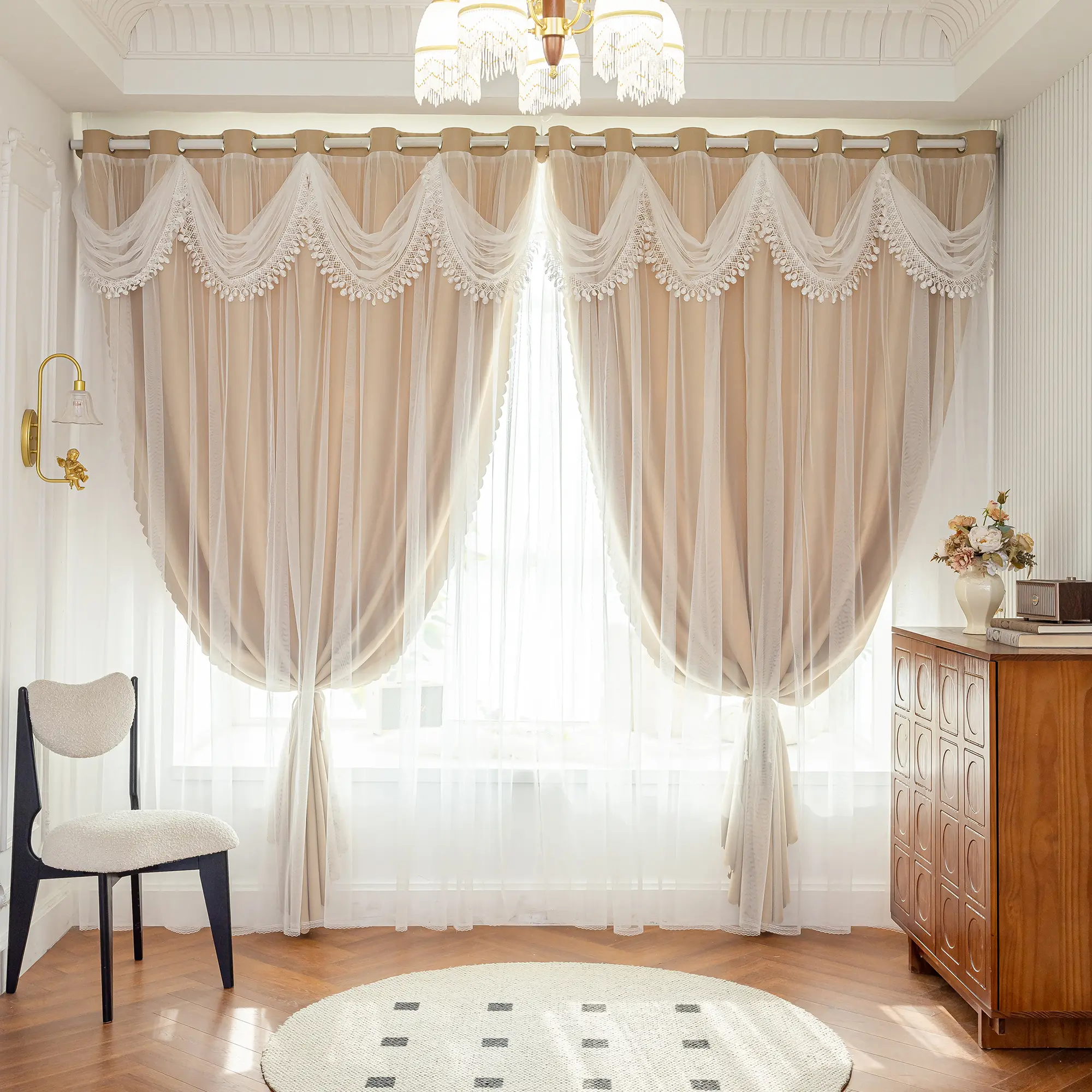 1pc Gold and Ivory Colorblock Velvet Grommet Top Curtain Panel - Luxury Soft Grommet Window Drapes for Living Room, Bedroom, Grommet Tops