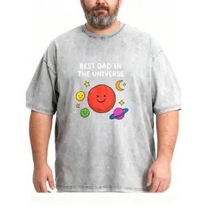 Men's Plus Size "Best Dad In The Universe" Planets Washed T-Shirt, Space Themed Short Sleeve Tee