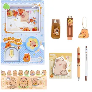 8- Capybara Stationery Set - Fun Capybara Notebook Journal Set - 3.5x5 ch Gashapon -Relievg Diary, Pen, Eraser, Sticky Notebook, Correction Tape, Keycha(Blue)