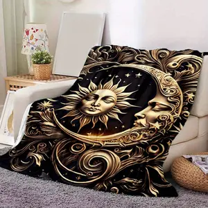 Large Sun And Moon Celestial Flannel Blanket - 100% Polyester, Soft Throw For Sofa, Chair, Living Room, Bedroom, Picnic - Elegant Golden And Black Design, All-Season Comfort