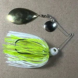 046 Custom Bingo Spinnerbait, 1/2oz White/Chartreuse w Copper Flake Tandem Colorado/Indiana Blades with 80-Strand Tournament-Grade ProUmbrella Skirt, Brass-Based Premium Components, Hand-Crafted in Texas, USA.