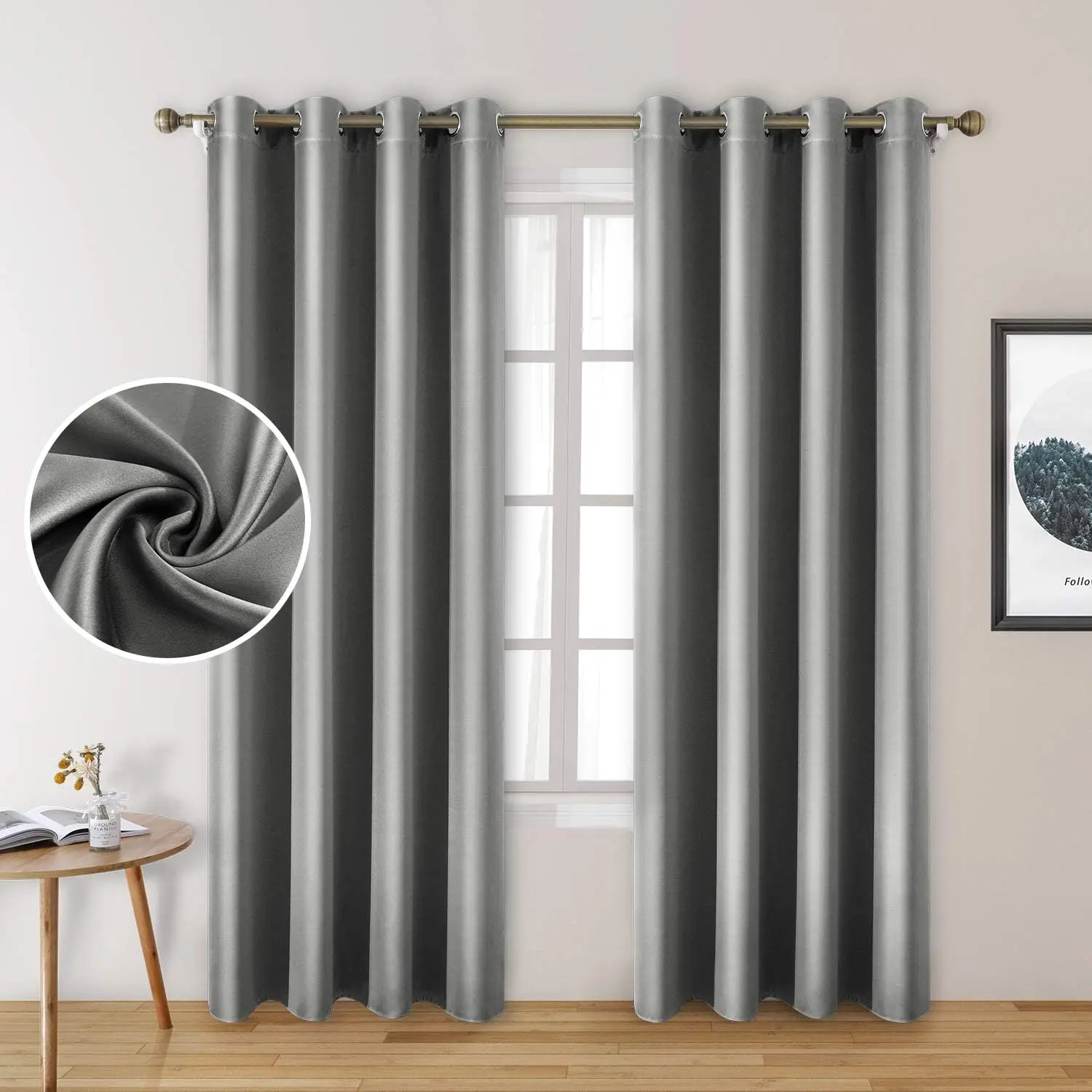 HOMEIDEAS 2 Panels Silver Grey Faux Silk Blackout Curtains, 52 X 96 Inch Room Darkening Satin Thermal Insulated Window Drapes for Bedroom, Indoor HOMEIDEAS