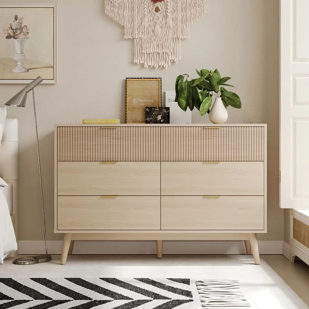 VOWNER Fluted Dresser for Bedroom with 6 Drawers, Modern Chest of Drawers with Handles drawer dresser storage cabinet for Bedroom