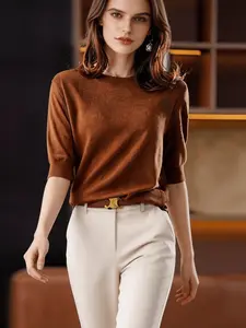New Cross-Border Fine Knit Round Neck T-Shirt, Women's Mid- Sleeve Knitted Top, Fashion Casual Comfortable Shirt, Soft Smooth Four Seasons Wear
