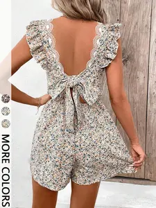 Women's Summer Vacation Ditsy Floral Print Lace Tie-Back Romper Open Back Ruffle-Trimmed Sleeveless Fitted A-Line Jumpsuit Flower Feminine Boho Bohemian Backless Holiday Casual