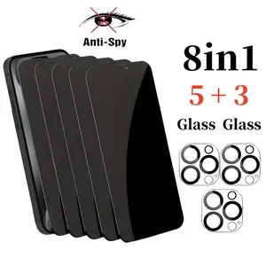 8in1 5 PCS Anti Spy Privacy Screen Protector for iPhone 16 Pro Max 16E 13 14 15 17 Air Pro Max Plus with 3 Pcs Camera Lens Protectors 9H Hardness Tempered Glass Film Case Friendly