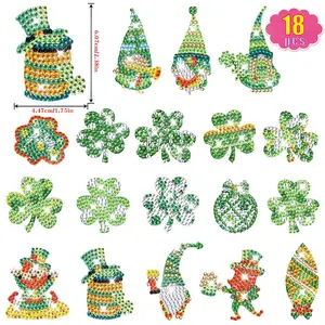 18pcs Diamond Painting Diamond Art Kit DIY Handmade Puzzle Cartoon Shamrock St Patrick's Day Crystal Round Drill Mosaic Stick Gift Set
