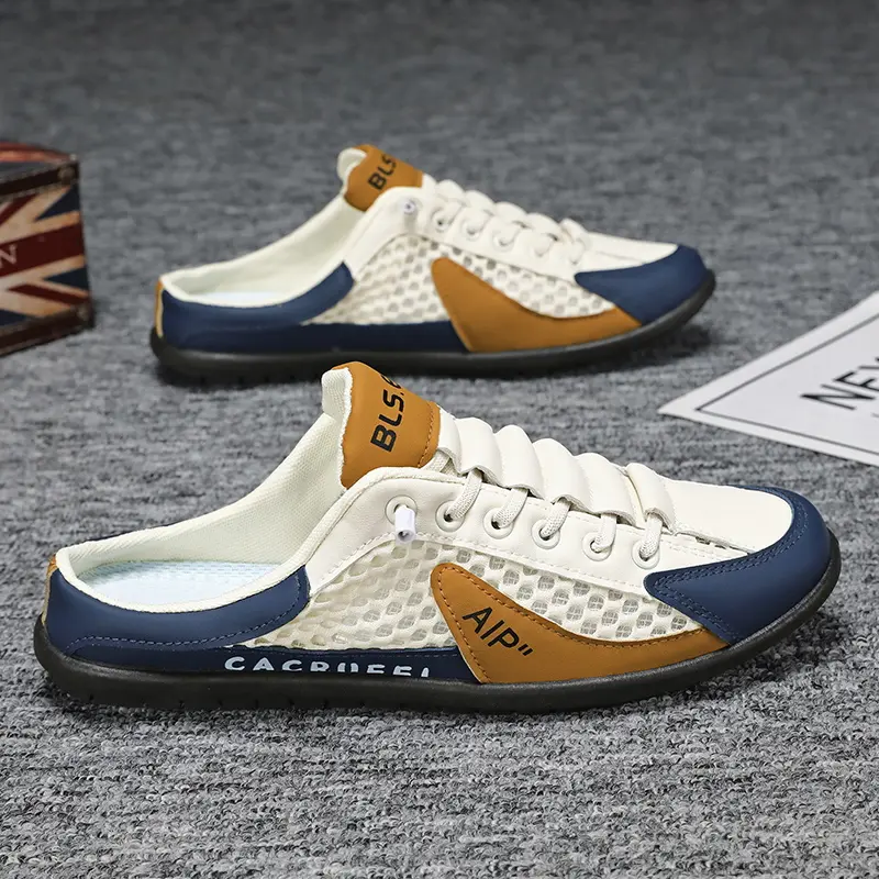 2026 Spring Summer Men'S Fashionable Multifunctional One Foot Casual Shoes - Anti Slip And Durable Sports Sandals, Comfortable Insole, Breathable Fabric Lining, Mesh Splicing, Navy Blue/white/beige - Suitable For Indoor, Vacation