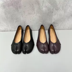 Women Unique Split‑Toe Soft Leather Ballet Flats, Popular Tabi‑Style Slip‑On Shoes With Delicate Knot Accent, Non‑Slip Flexible Footwear For Everyday Wear And Business Casual Outfits