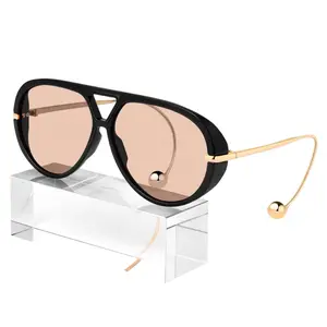 2026 Luxury Trendy Womens 70s Retro Oversized Aviator Sunglasses Big Shield Frame Built-in Earring UV-Protective Lenses American Retro Style