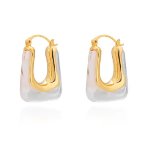 Milan Chiva Women's 14K Gold-Plated Acrylic Clear Rectangle Earrings - Geometric, Minimalist, Chunky, Lightweight, Dainty, Hypoallergenic Huggie Hoop Gold Jewelry for Daily Wear