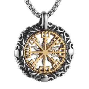 HZMAN Viking Vegvisir Norse Compass Stainless Steel Necklace Double-Sided Hollow Engraving Sun Totem Pendant Norse Amulet Jewelry