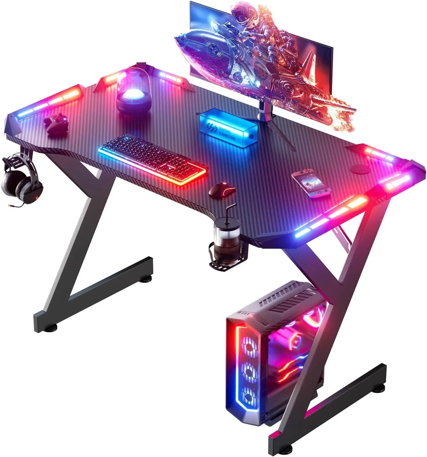 40 in Modern Rectangular Gaming Desk - LED Lights, Ergonomic Carbon Fiber Desktop, Home Office Workstation with Cup Holder, Headphone Hook, Black Indoor Gaming Furniture, Gaming Desks