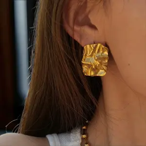 Gold Molten Carving Drop Earrings, Boho Chunky Molten Lava Dangle Earrings, Rectangular Gold Melt Earring, Gold Textured Irregular Earrings.