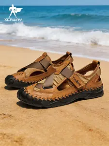 Vintage Casual Hand-Stitched Round Toe Men's Sandals, Breathable Mesh Velcro Beach Shoes, Ideal for Daily Commute & Summer Outdoor Activities