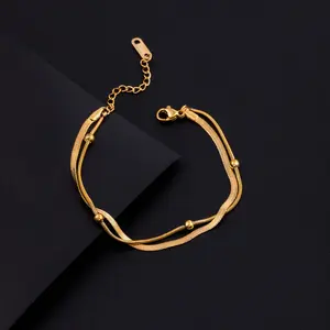 [Double Layers Chain Bracelet Women] 1pc Double Layers 18K Plated Hand Chain Bracelet Adjustable Hand Jewelry Decoration For Women