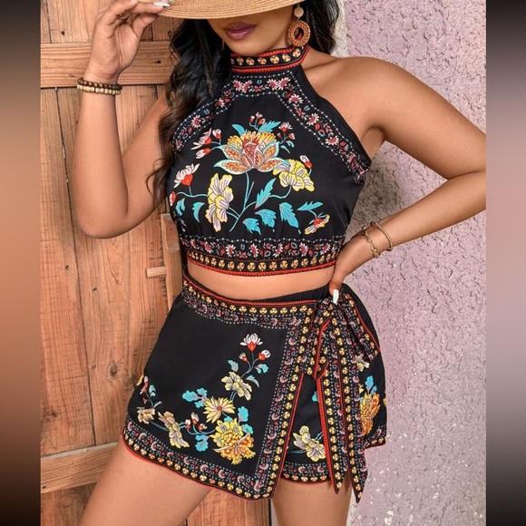 Boho Plus Size Floral Print Halter Cropped Top Side Knot Skort Set Black