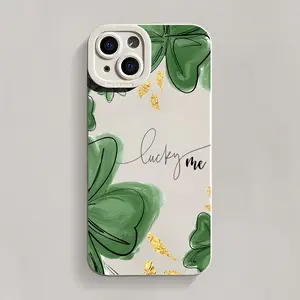 Ivory-colored eyes with lively green Irish clover pattern, suitable for iPhone 17 16 15 14 13 12 11 X XS XSMAX 16E 12.13MINI, fashionable protective case, for fashion enthusiasts and music lovers, perfect as a birthday gift