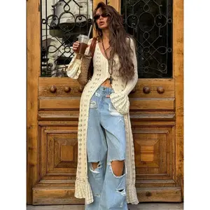 Women’s super-long knit cardigan with a new personality style, featuring an openwork crochet floral pattern in a solid color and a premium feel