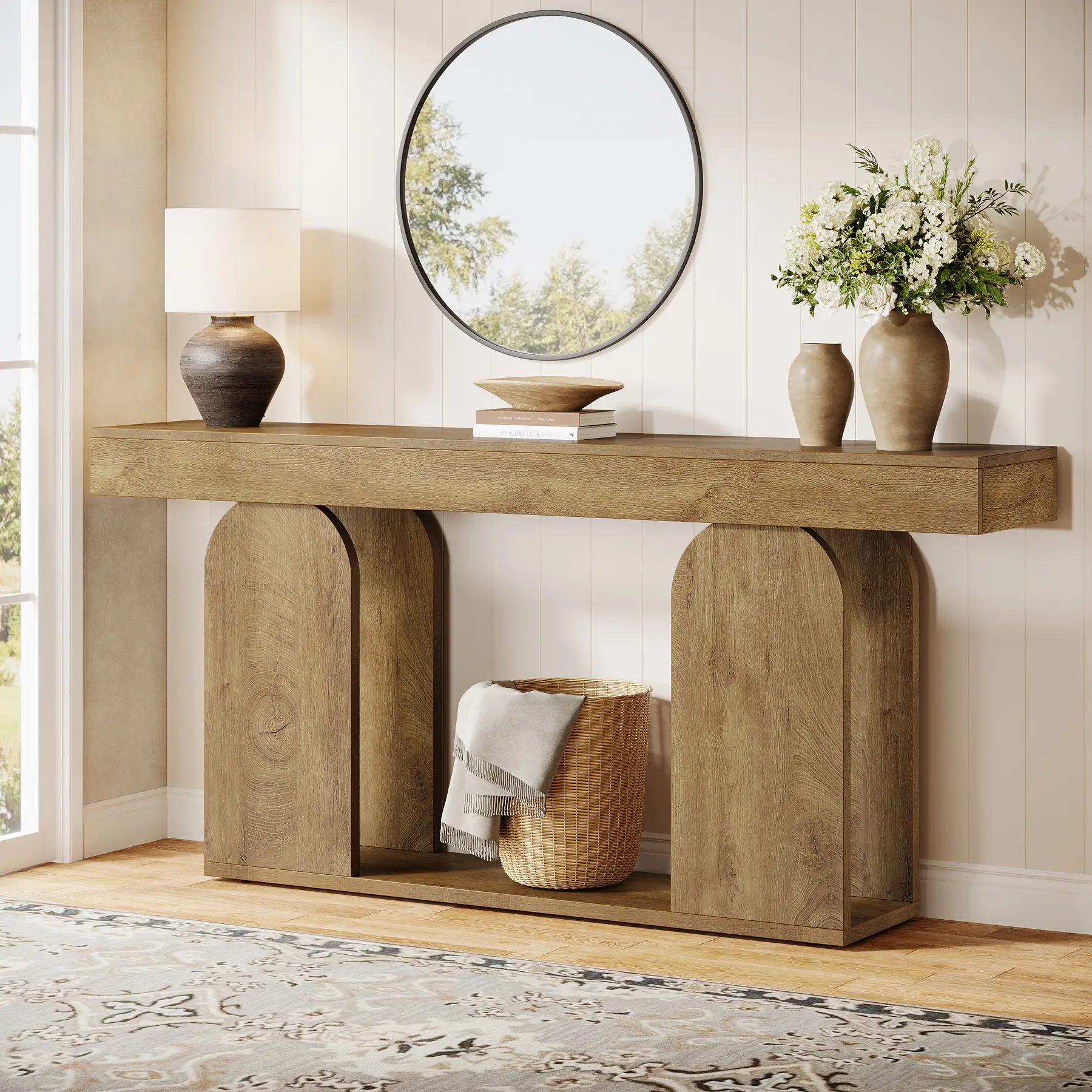 Tribesigns 70.9-Inch Extra Long Farmhouse Console Table, 2-Tier Wooden Entryway Console with Storage Shelf, Sofa Table Behind Couch for Hallway, Living Room, Entrance, Light Brown