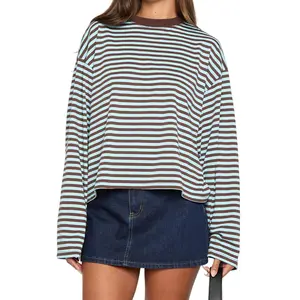 Long Sleeve Crew Neck Loose Ladies Y2K Women T-shirt Fall Casual Striped Top Streetwear
