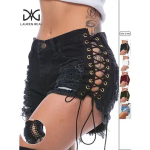 Women's Grommet Eyelet Lace Up Ripped Denim Shorts, Fashion Casual Button Fly Short Jeans for Daily Wear, Ladies Bottoms for All Seasons��gift��