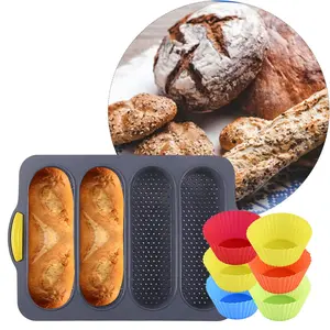 Silicone Bread Molds for Baking with 6 Muffin Cups, Bread Loaf Pan, Non-Stick Loaf Pan & Heat Resistant Baguette Bread Pan, Sub Roll Baking Pan, Hoagie Roll Baking Pan