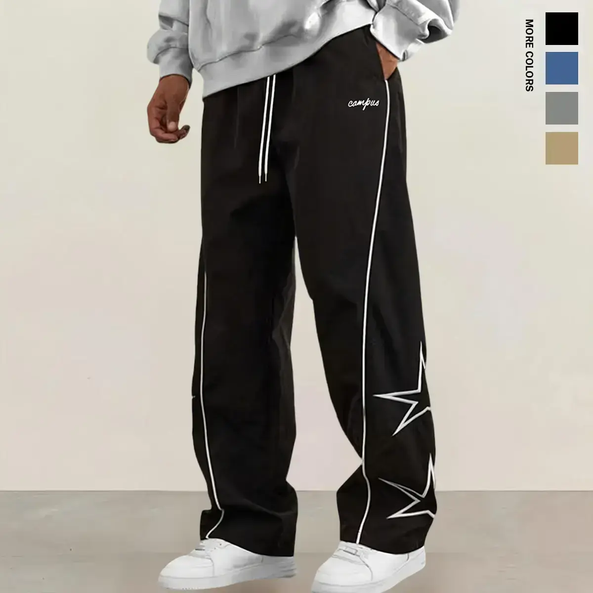 Men’s loose straight pants with star embroidery—casual style featuring a star design; men’s bottoms; comfortable fit for everyday wear; loose-fit sweatpants for men; street style