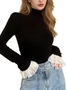 Women's Half High Neck Colorblock Flare Sleeve T-Shirt, Spring & Fall Fitted Bodycon Top, Comfortable Inner Wear and Daily