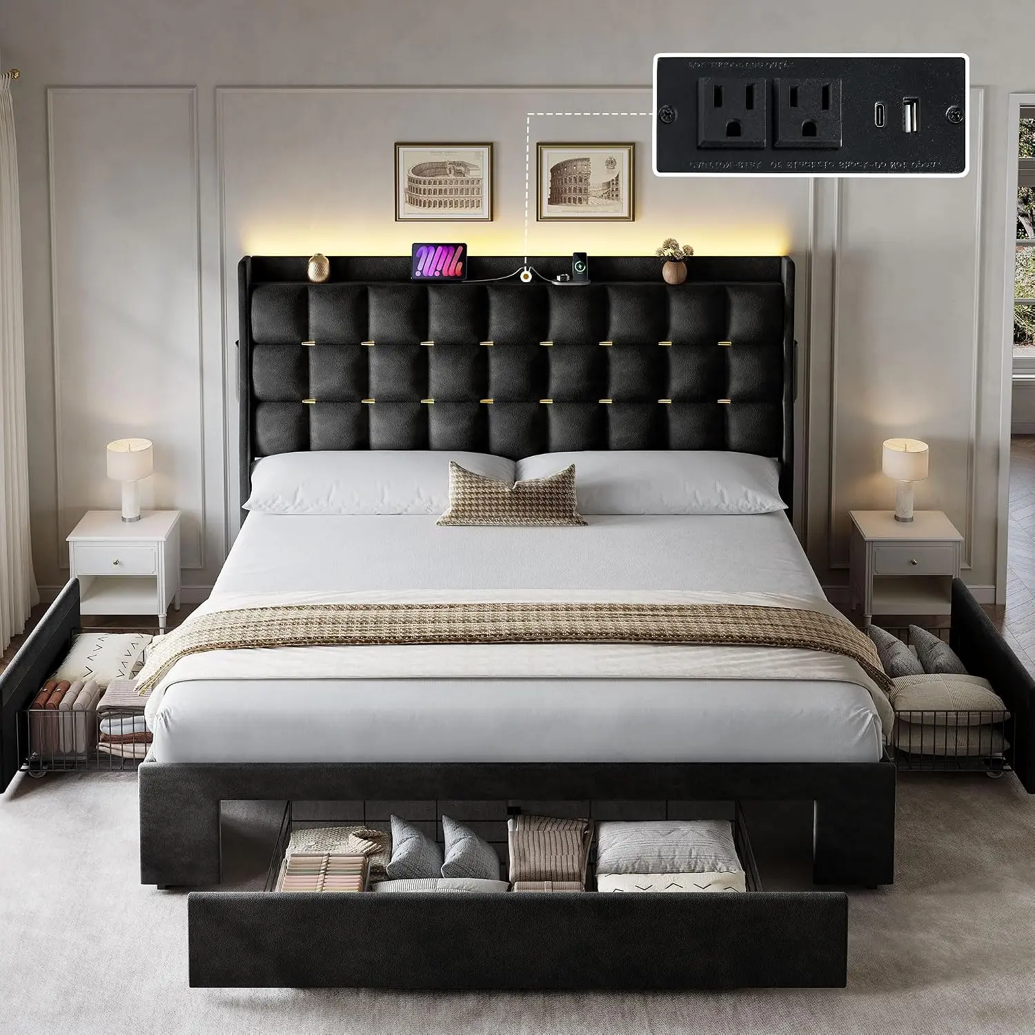 YITAHOME Queen Size Bed Frame with 3 Storage Drawers and RGB LED Lights, Velvet Upholstered Bed with Charging Station and Storage Headboard, No Box Spring Needed, Easy Assembly, Noise-Free