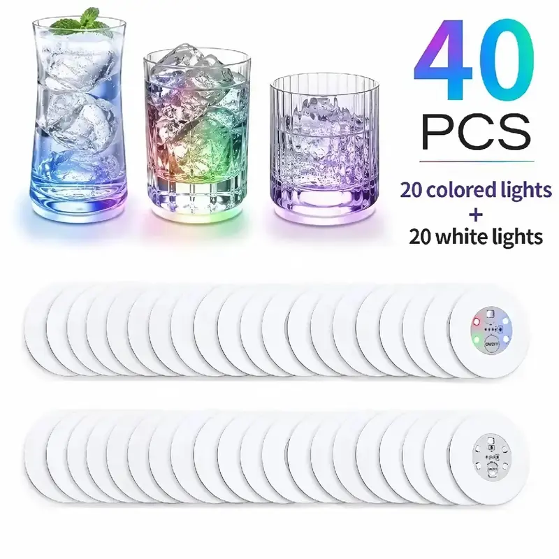 MICRENCY 40-Pack Luminous Silicone LED Light Up Cup Coasters - Drinks Coasters, Bar-Ready Party Decor, Atmosphere Decoration for Birthday & Holiday Wine Use