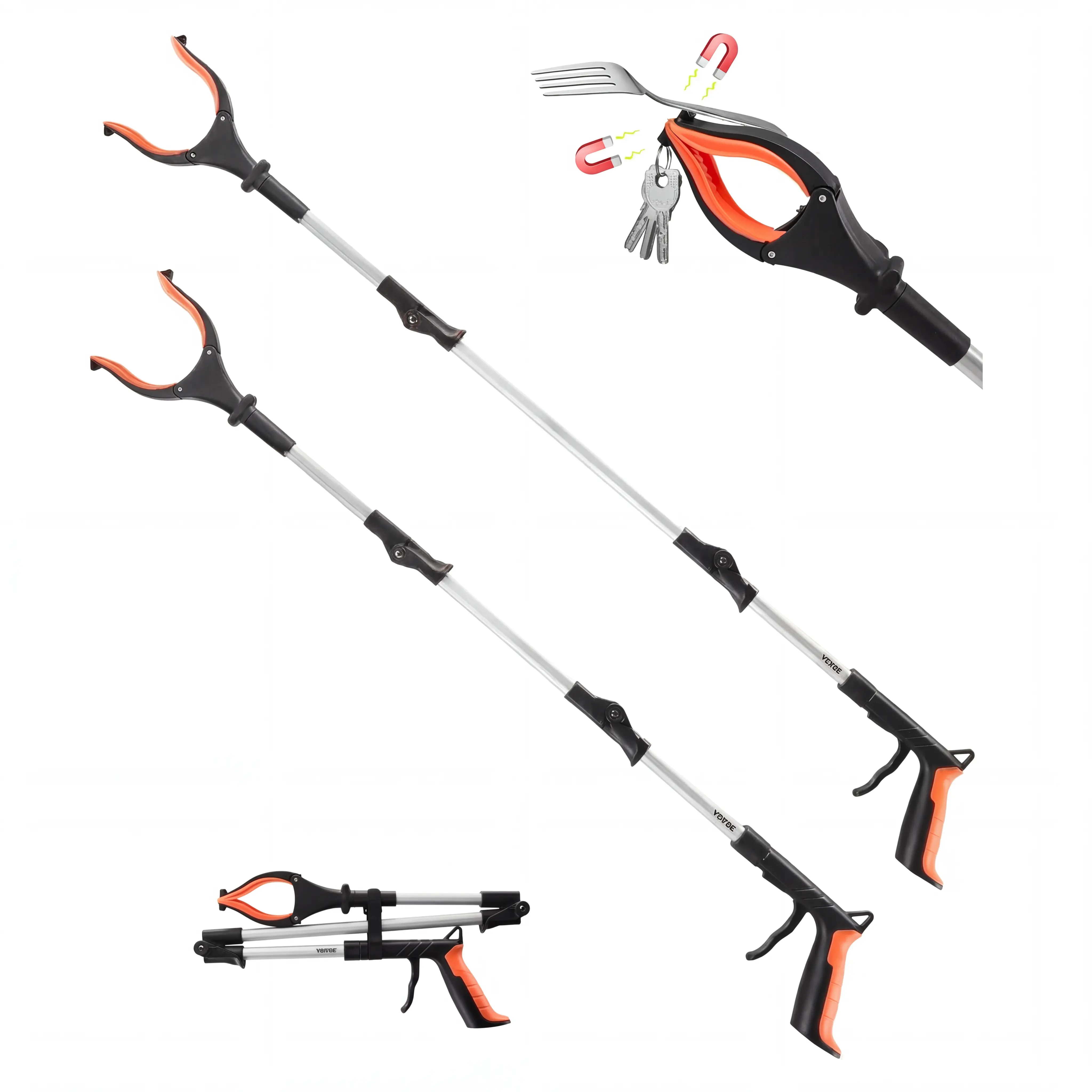 43-in Aluminum Foldable Grabber Reacher Tool - 360° Rotating Jaws, Rubber Grip, Magnet, LED Light, 10cm Reach Boost, Lightweight Extra Long Household Trash Picker with Adjustable Lock (Mobility Aid for Seniors)