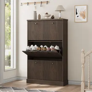 Fluted Shoe Cabinet Storage with 3 Flip Drawers, Wooden Fluted Narrow Shoe Organizer with Adjustable and Removable Shelves, Freestanding Slim Shoe Storage for Entryway Hallway, Walnut