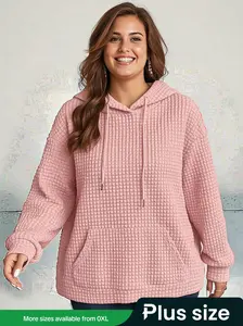 Women's Solid Color Knitted Jacquard Fashion Loose Simple Plus Size Hooded Long Sleeve Essential Sweatshirt, Casual Style, Comfortable Fit, Womenswear, Basic