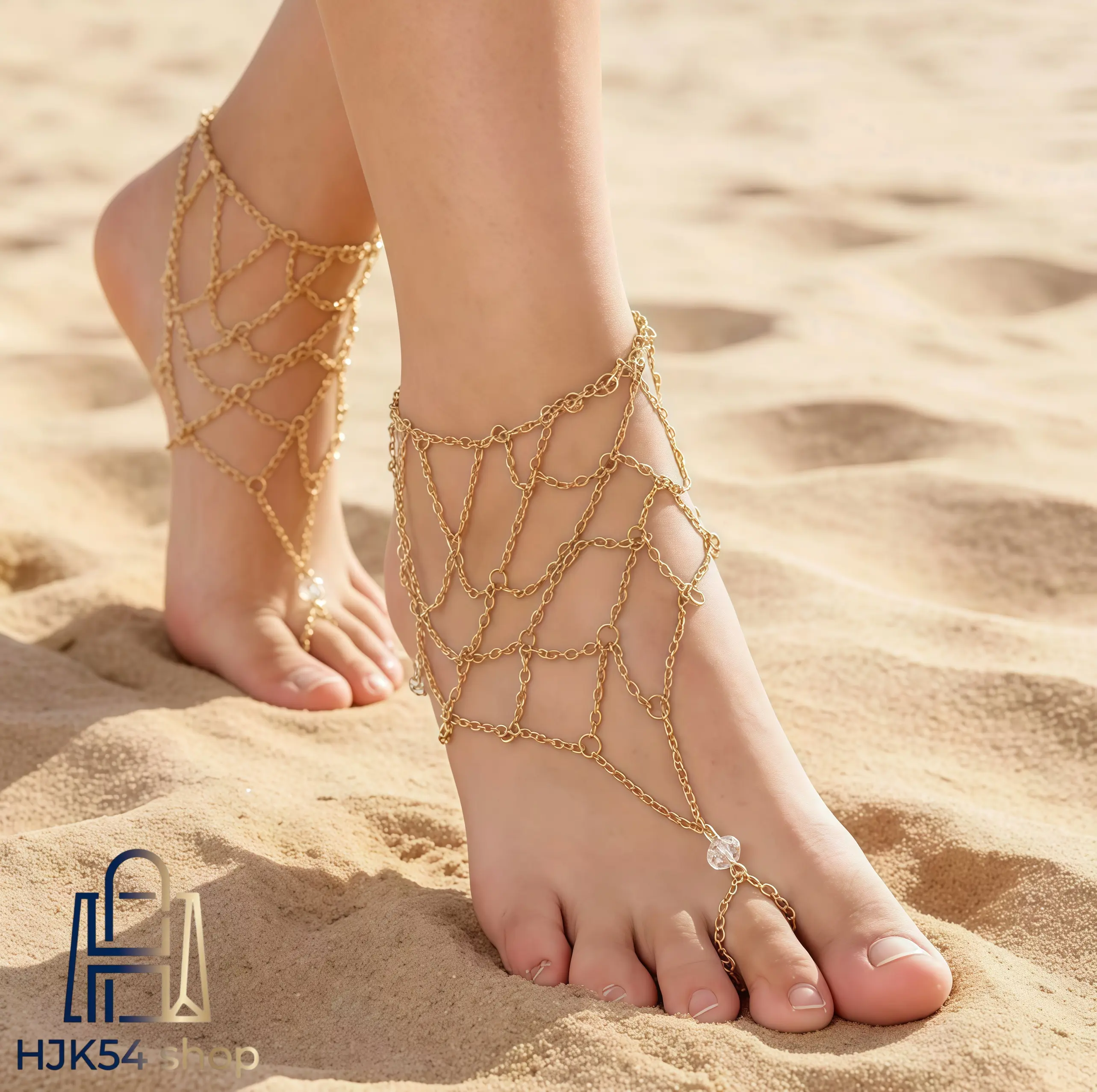 gold mesh chain anklet with toe ring bohemian foot chain jewelry adjustable beach foot anklet crystal accent barefoot sandal statement summer foot chain mesh chain foot jewelry for women