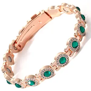 Premium Magnetic Copper Bracelet for Women with Sparkly Green Crystals, Elegant Rose Gold Finished Bangle, Adjustable Length Jewelry Gift for Her