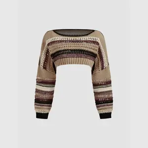 Cider [2 colors, size 0-20/22] U-neckline Stripe Hollow Out Knitted Long Sleeve Crop Shrug