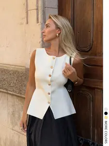 Mother's Day Women's Solid Color Button Front Tank Top, Elegant Sleeveless Top for Summer, Ladies Clothes for Daily Wear, Vests, Workwear