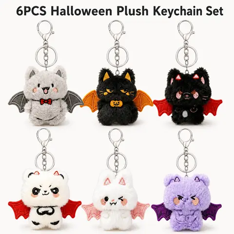 6PCS Kawaii Fluffy Keychain & Brooch Gift Set - Halloween Costume Accessories with Key Charms, Unique Cool Cutecore Stuff for Halloween Gifting