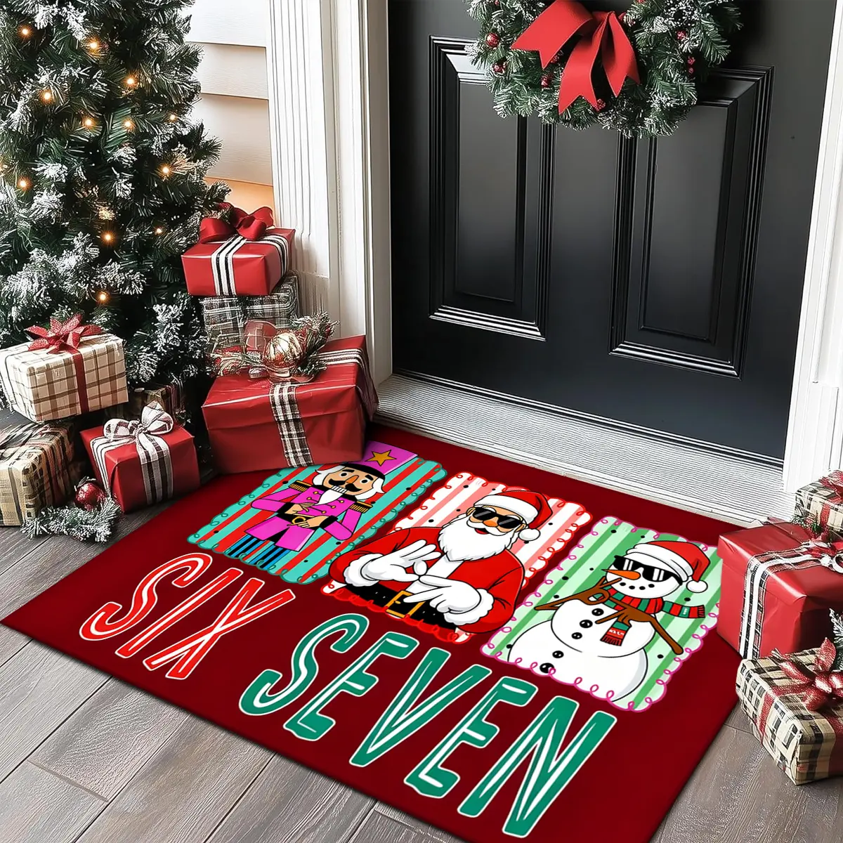 Christmas Door Mat Hip Hop Street Style Santa Snowman Nutcracker Rug, Home Decorative Rug, Fashion Creative Carpet, Holiday Home Decor, Durable Fabric