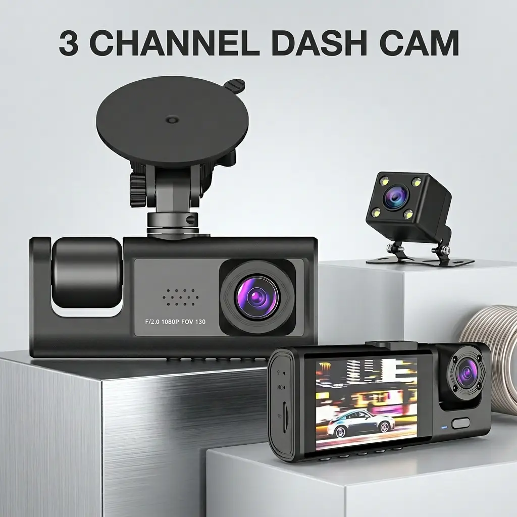 3 Channel Dash Cam Front Inside and Rear, 1080P Triple Lens Dash Camera for Cars, Infrared Night Vision Dashcam for Uber Lyft Rideshare Drivers, 24H Parking Monitor, Loop Recording, G-Sensor, 170° Wide Angle, Support 128GB Max